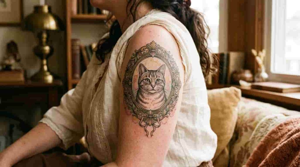 A large, creative cat tattoo styles placed on your shoulder.