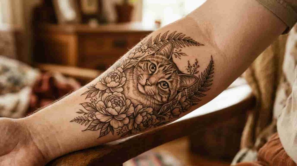 A simple outline showing a cat stretching its back.