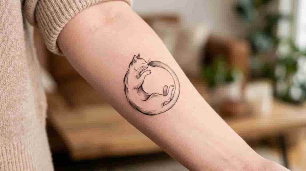 A cat curled into a circle shape representing unity.