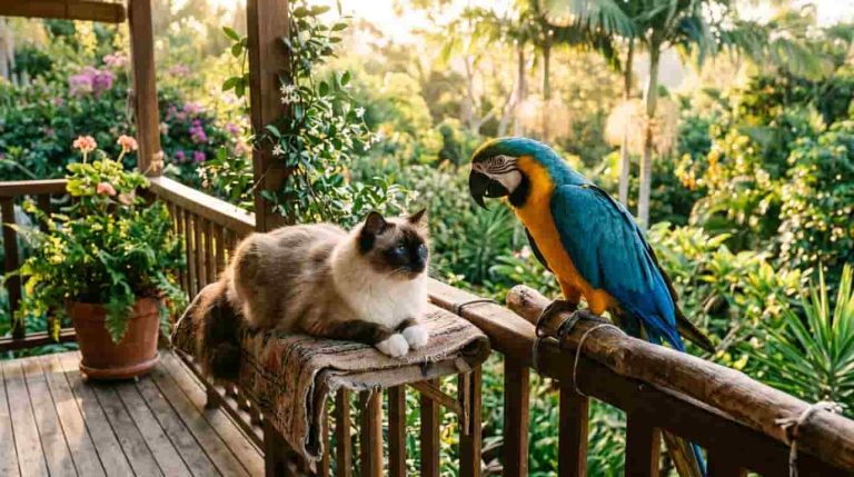 Cat_and_parrot_on_veranda
