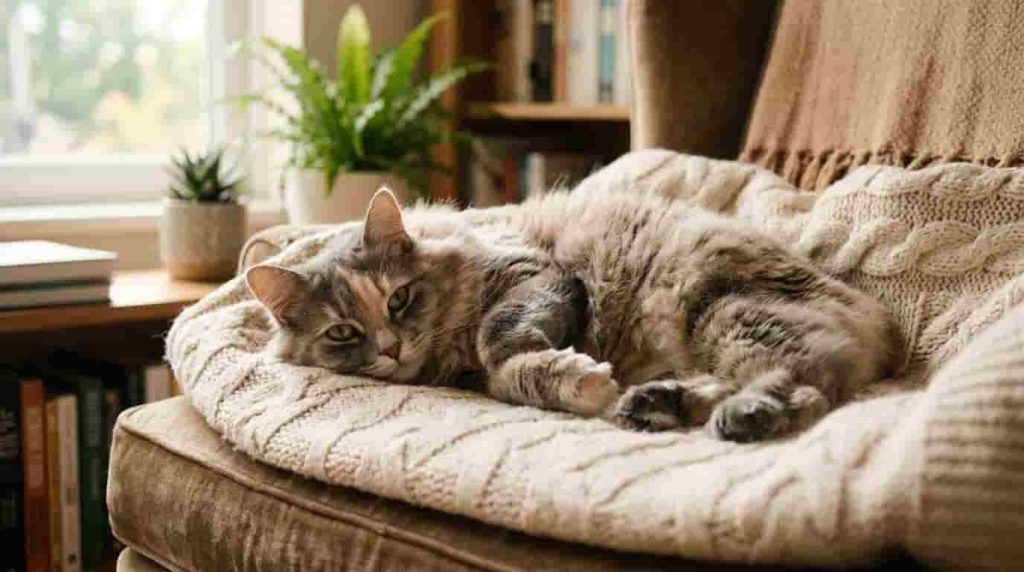 Cymric_cat_resting_on_blanket